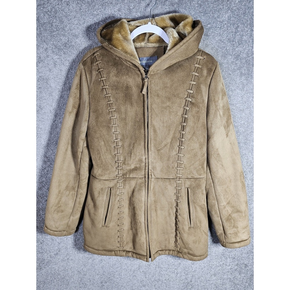 VTG Y2K Liz Claiborne Faux Suede Zip Front Jacket Womens Size L Faux‎ Fur Lining
